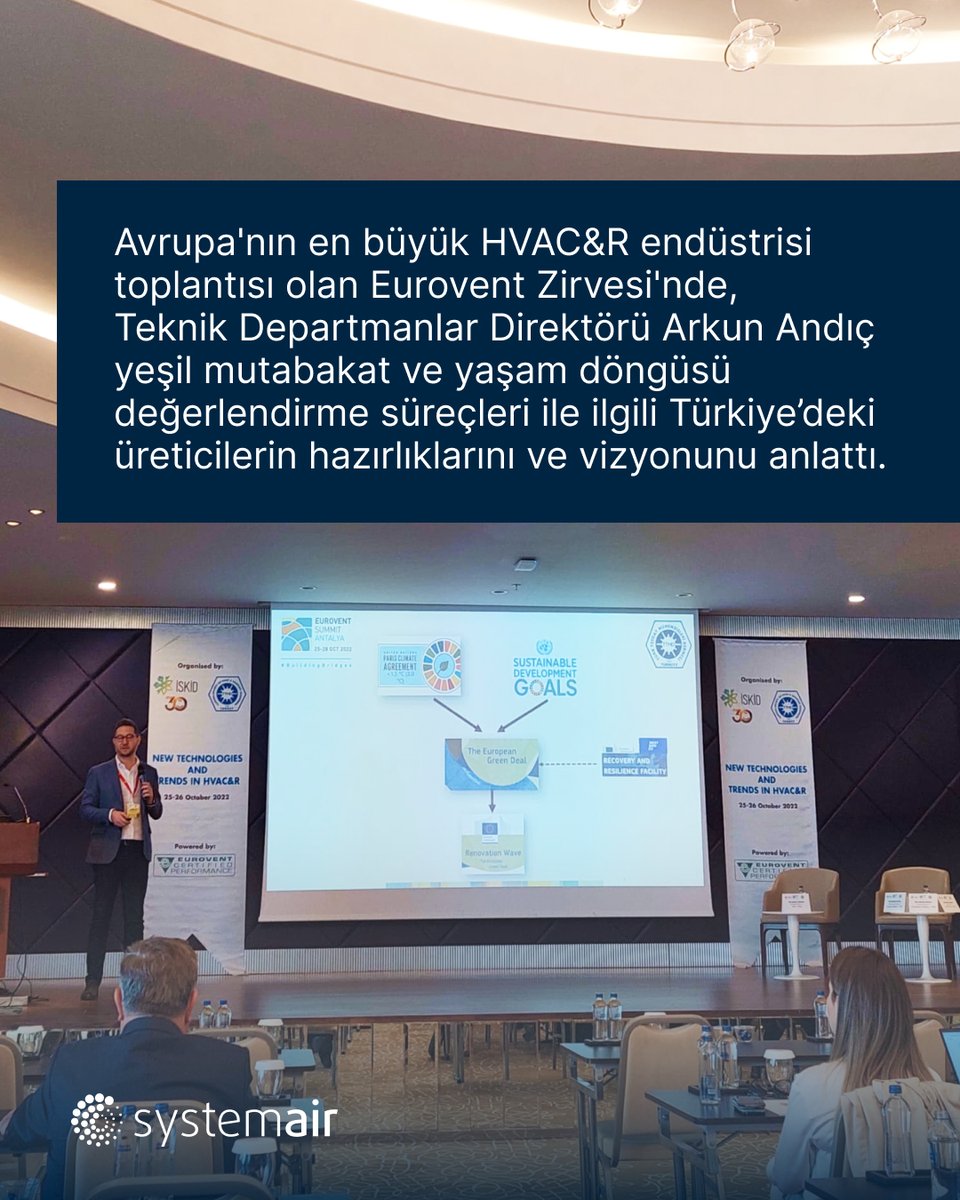 Avrupa'nın en büyük HVAC&amp;R endüstrisi toplantısı olan Eurovent Zirvesi'nde Teknik Direktörümüz Arkun Andıç yeşil mutabakat ve yaşam döngüsü değerlendirme süreçleri ile ilgili Türkiye’deki üreticilerin hazırlıklarını ve vizyonunu anlattı.

#systemair #systemairtr