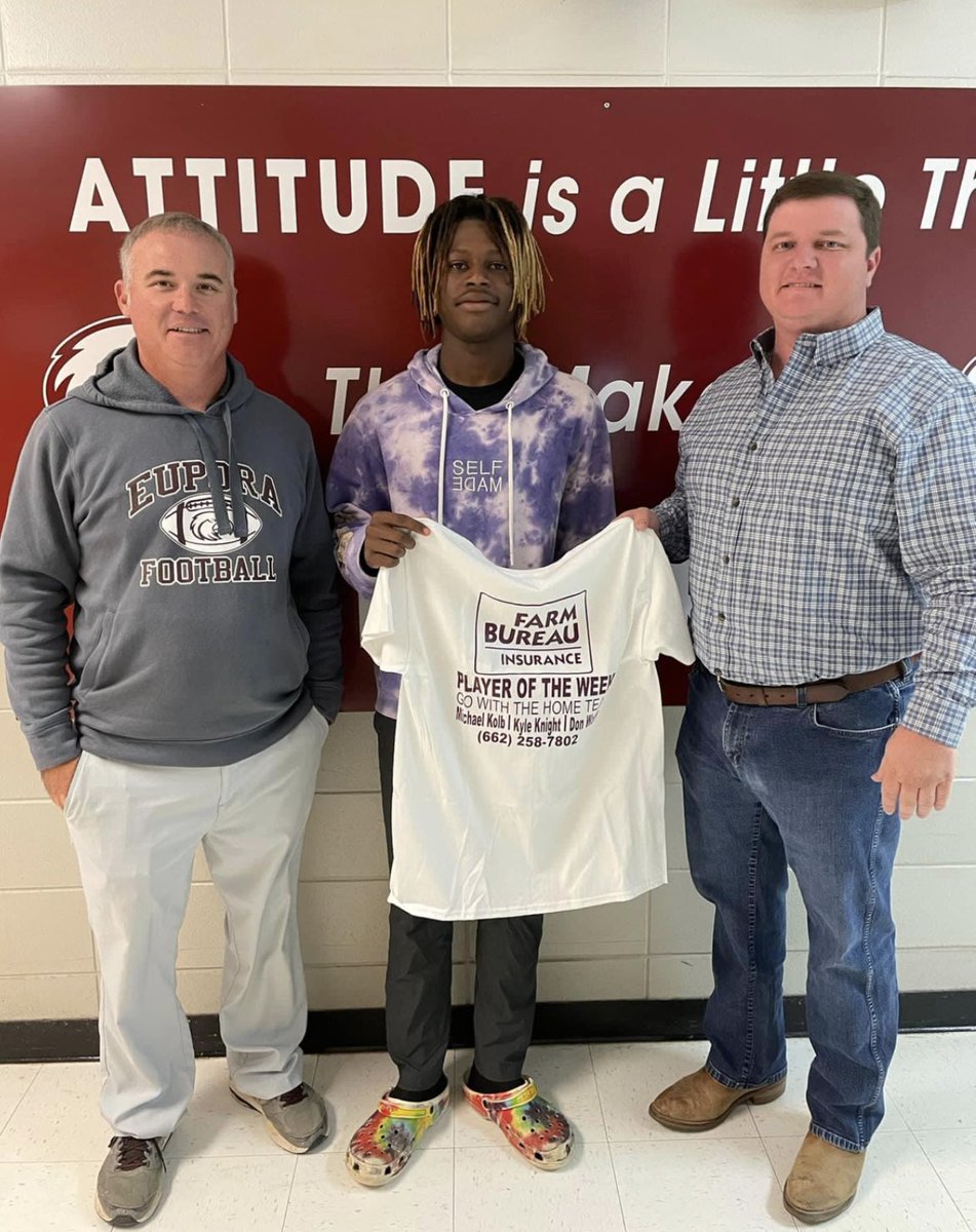EuporaBoosters's tweet photo. Congratulations to Jessie Sudduth, Farm Bureau Player of the Week for Eupora.
Also, congratulations to the Eupora Football Team on being District Champs!!!!!!!
#GoWithTheHomeTeam https://t.co/cjpN3pMtgO