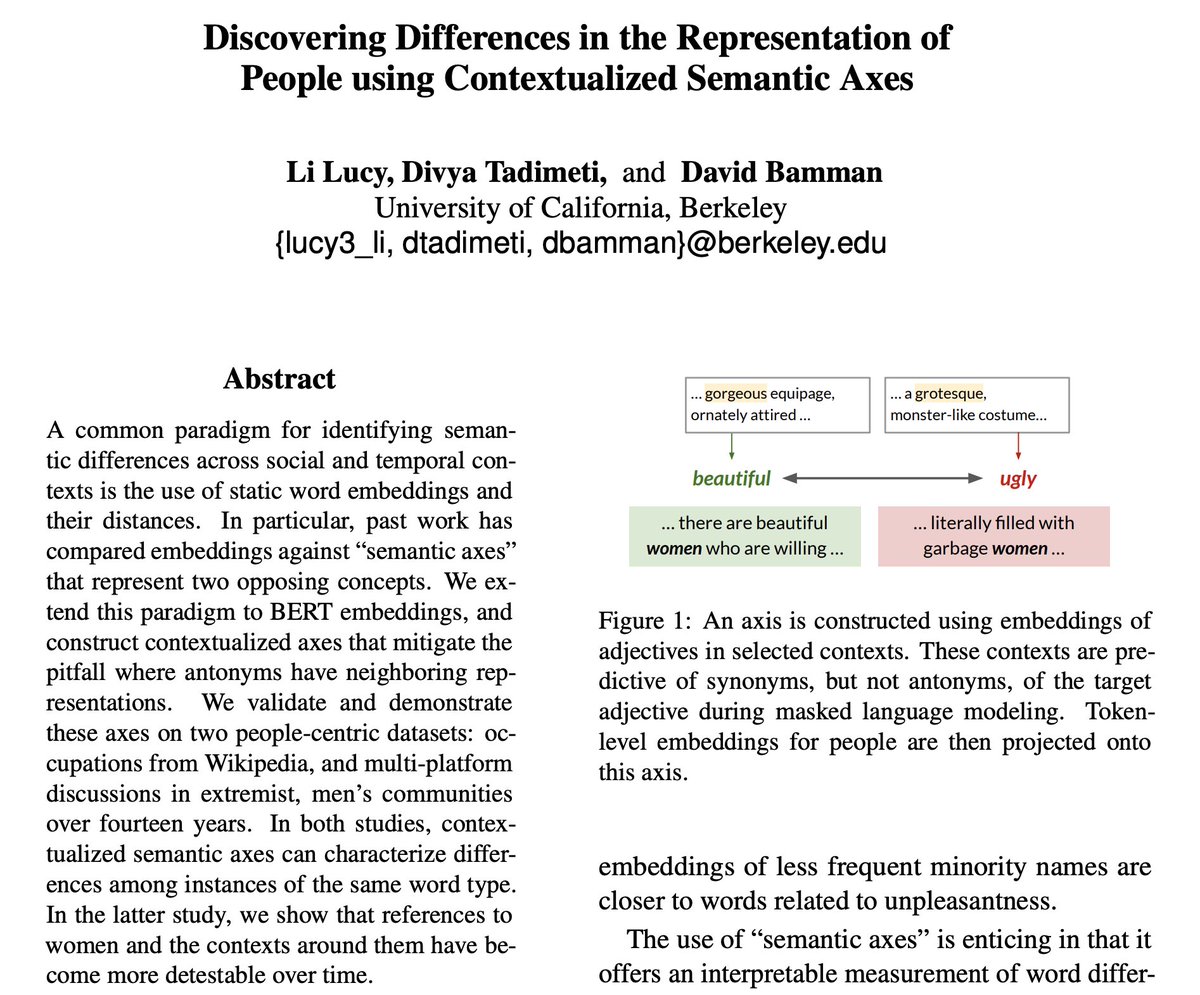 lucy3_li's tweet photo. Past work has analyzed how representations of people vary across contexts by comparing embeddings for a social group (e.g. "women") to adjectives (e.g. "competent"). Our #EMNLP2022 paper presents a more consistent, coherent, and contextualized approach https://t.co/W0LF9VUrey https://t.co/ehV4gHfbay