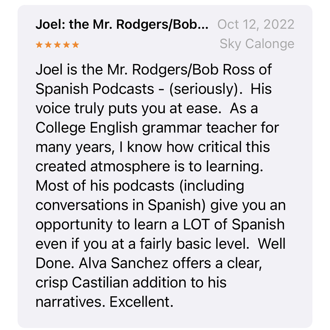 joelspanishcafe's tweet photo. This is one of the best reviews of the podcasts that I have read. I am the Bob Ross or Mr. Rogers of the Spanish teaching world. I love it! Thank you for your kind words. Also, thank you to all you who have written a review to help the podcasts grow. https://t.co/gygfG6QH8E