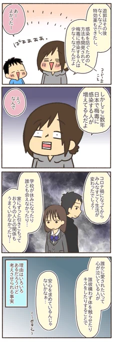 梅毒患者が1999年以降、年間を通して初めて1万人を超えたそうです。
今一度、性教育や人権教育について考える必要があるなと常々思います。
鬼滅の刃遊郭編が放送されていた時、息子に梅毒について教えたエピソードがありますのでよければ是非。【2/2】
#漫画が読めるハッシュタグ 
#コミックエッセイ 