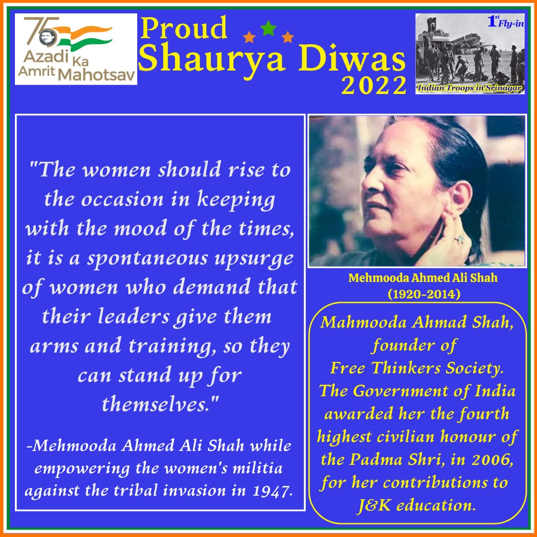 3oPradip's tweet photo. #ShauryaDiwas2022: Padam Shri #IamMehmoodaShah helped #KashmiriWomenPower after #AccessionDay to save #Kashmir, #Kashmiris &amp; #Kashmiriat. #JagoKashmir, bano #AisSairiChiMaqboolSherwani. Jai Hind 🇮🇳 https://t.co/mD0QMmuMoI
