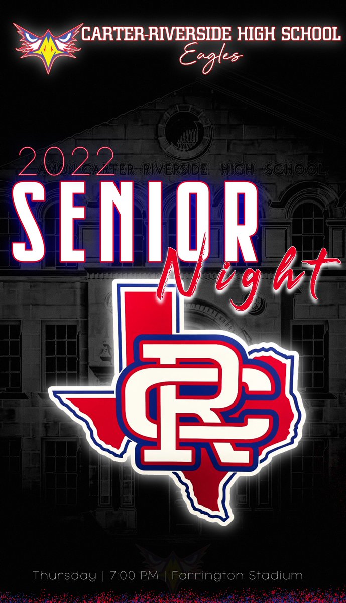 🚨🚨2022 🏈Senior Night🚨🚨
🔴⚪️🔵🔴⚪️🔵🔴⚪️🔵🔴⚪️
🆚 <a href="/DHJ_Football/">Diamond Hill-Jarvis Football</a> 
🗓 Thursday; October 27,2022
⏰ 7:00 PM
🏟 Farrington Stadium 
🔴⚪️🔵#HailCarter🔴⚪️🔵
<a href="/DFWGRIDIRON/">DFW GRIDIRON CLASSIC</a> <a href="/coach_murray/">Philip Murray</a> <a href="/FWISDAthletics/">FWISD Athletics</a> <a href="/PrincipalAlfaro/">Victor Alfaro</a> <a href="/CRiversideHS/">Amon Carter-Riverside High School</a>