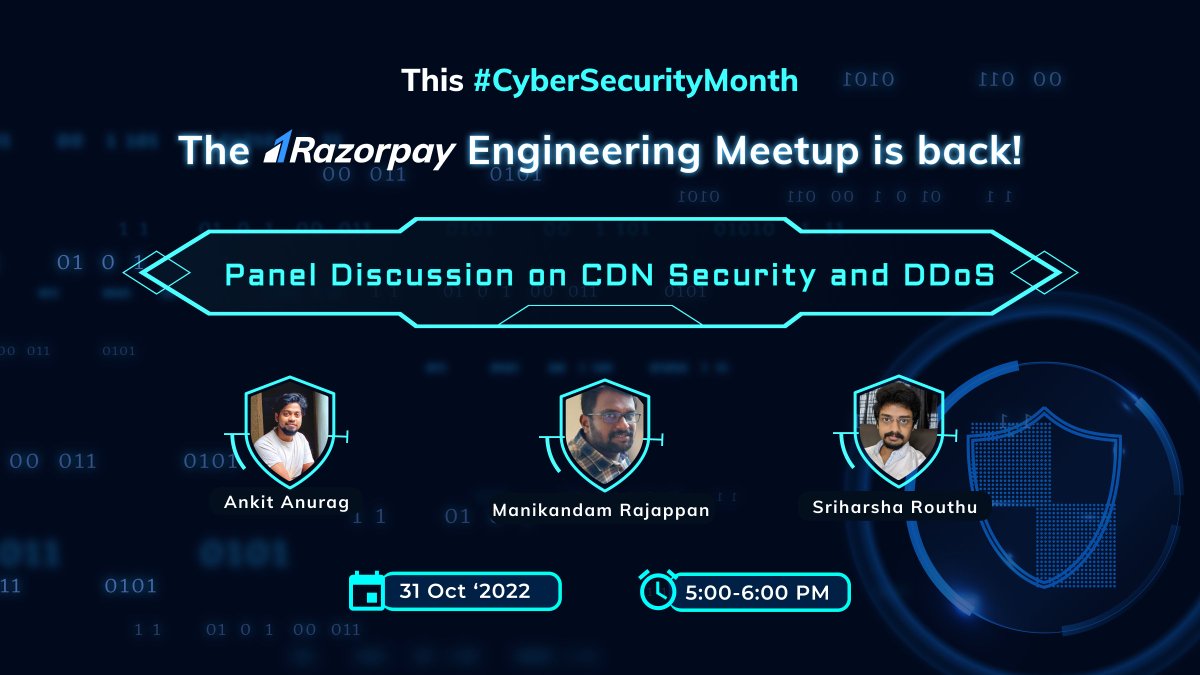 RazorpayTech's tweet image. We are back with our 3rd chapter of #RazorpayEngineeringMeetup to celebrate #CybersecurityMonth. Register now: 
razorpay.zoom.us/webinar/regist…
