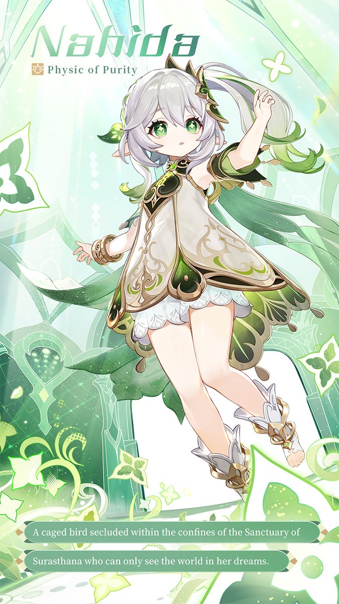 GenshinImpact's tweet photo. "Share in my knowledge."
— "Physic of Purity" #Nahida

Hello Travelers~ 
The character we are introducing today is none other than Lesser Lord Kusanali - Nahida!

Let's learn more at >>>
https://t.co/28PG50TIsQ

#GenshinImpact https://t.co/JyQrnaDUg5