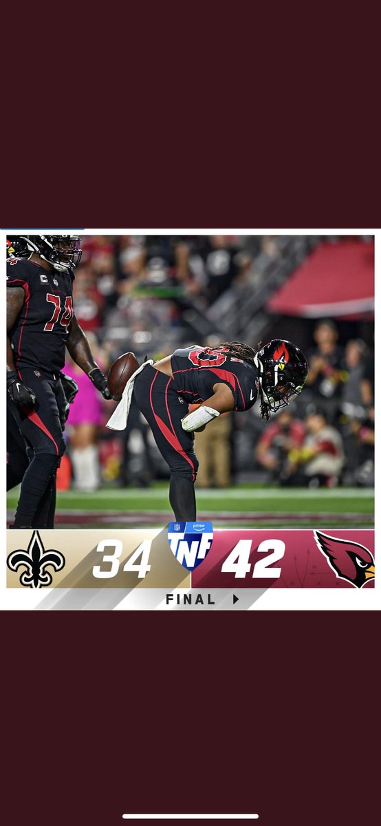 Noonballout's tweet photo. Final Score Cardinals 42- Saints 34 🏈🙌
My thoughts on this game was a massive surge from the cardinals defense with the back to back pick-sixes but also like how the Saints tried to fight back and win but the cardinals defense was too much for them 💯🏈#WIU221LIVE https://t.co/Bos9gQdMlp