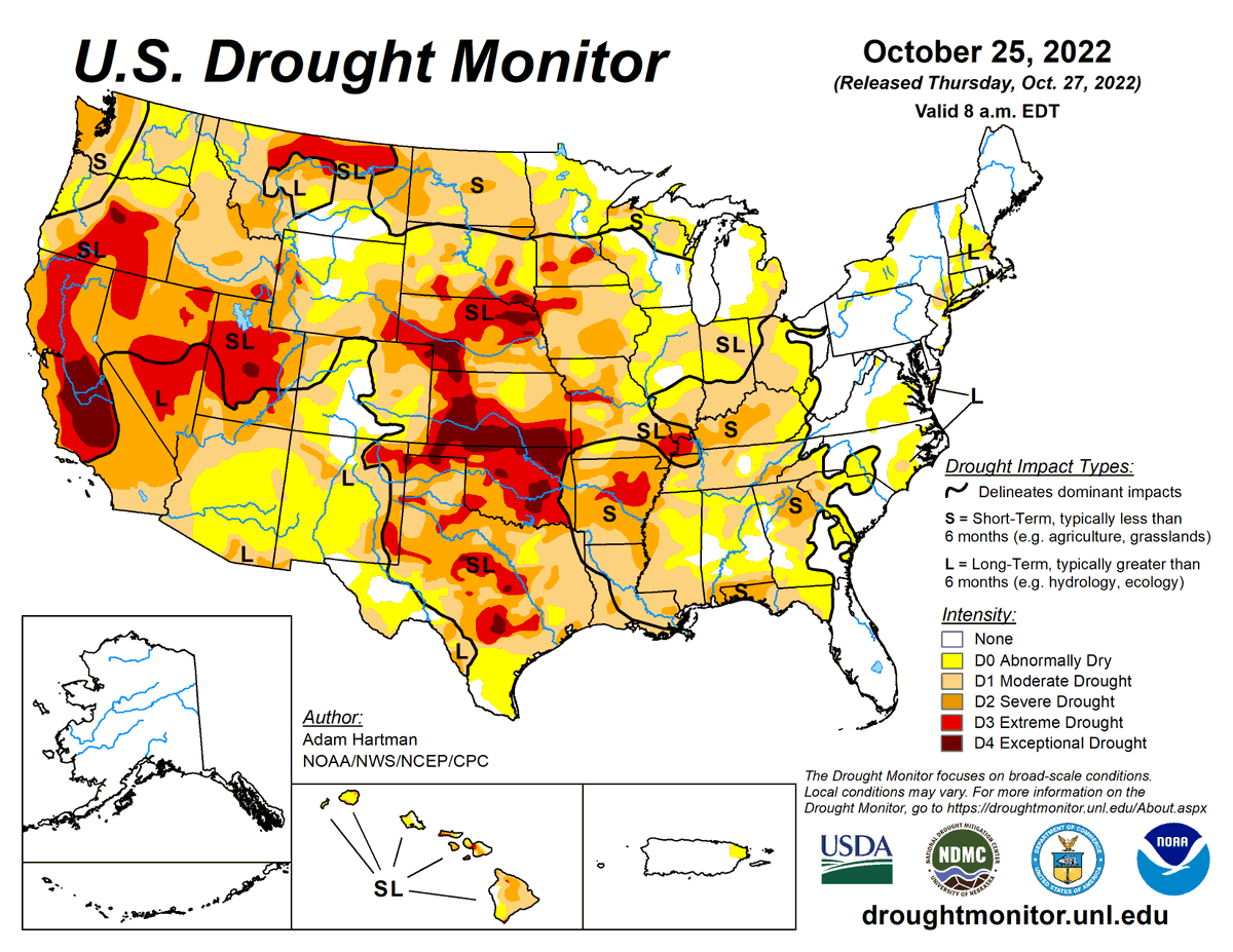 DroughtCenter's tweet photo. U.S. Drought Monitor 10-27-2022:

The proportion of the U.S. in #drought increased again to 52.7%, the highest it’s been since 2012.

The population affected also increased significantly to over 146 million people. 

@DroughtGov @NOAANCEI @USDAClimateHubs @usdafsa @FarmersGov https://t.co/BBBF2SlWwq