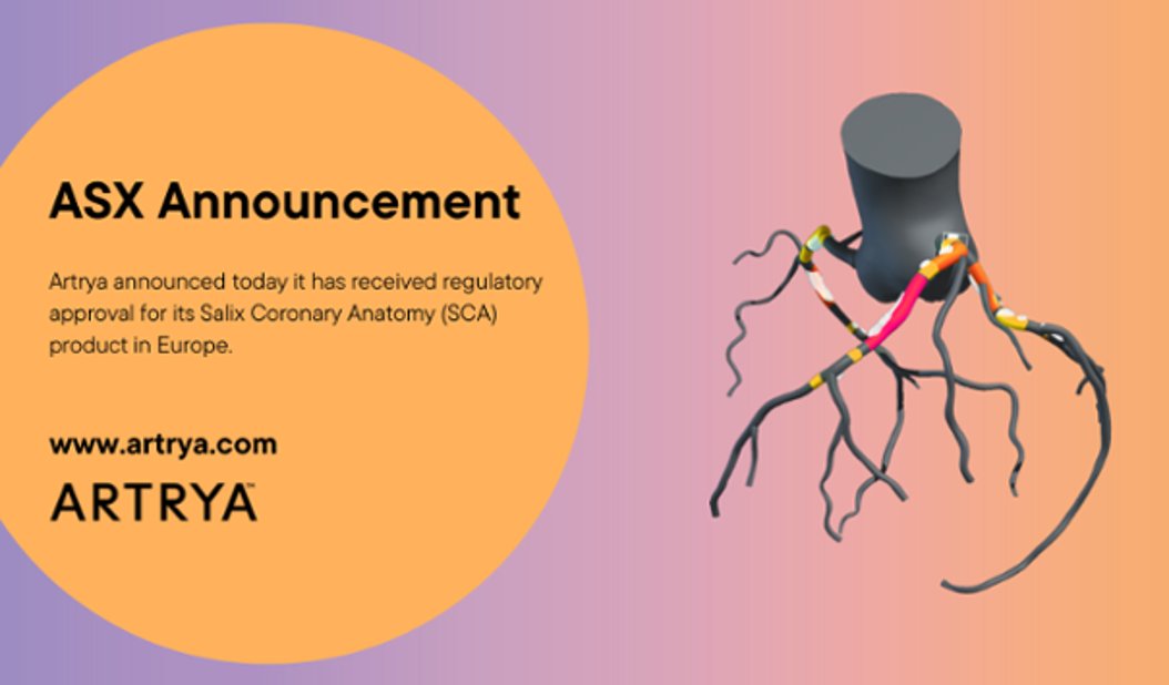 Artrya announced today it has received regulatory approval for its Salix Coronary Anatomy (SCA) product in Europe.

Managing Director and CEO John Barrington AM said this was an important moment for the company.

View full announcement: hubs.la/Q01qQgMQ0