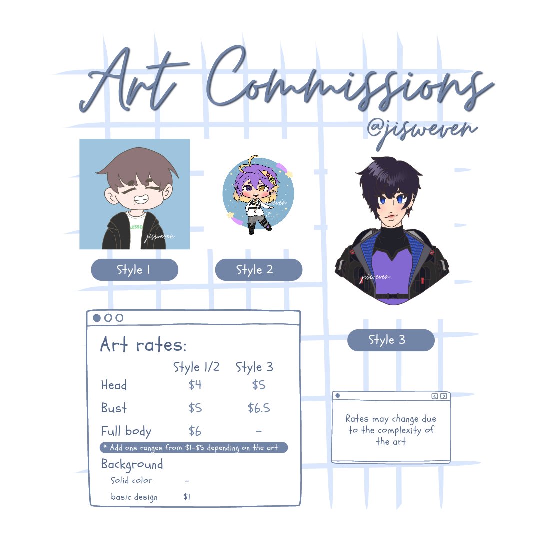 jisweven's tweet photo. ✧*。˖꒰ jisweven art commisions ꒱.。*♡
✿ open to all fandoms
✿ dm for inquiries!
✿ 2 slots only!
✿ default pose only for style 3
#artcommissions #commisionsopen #commisionph #artph #chibiart #vtuberart https://t.co/yjYFDcTA2u