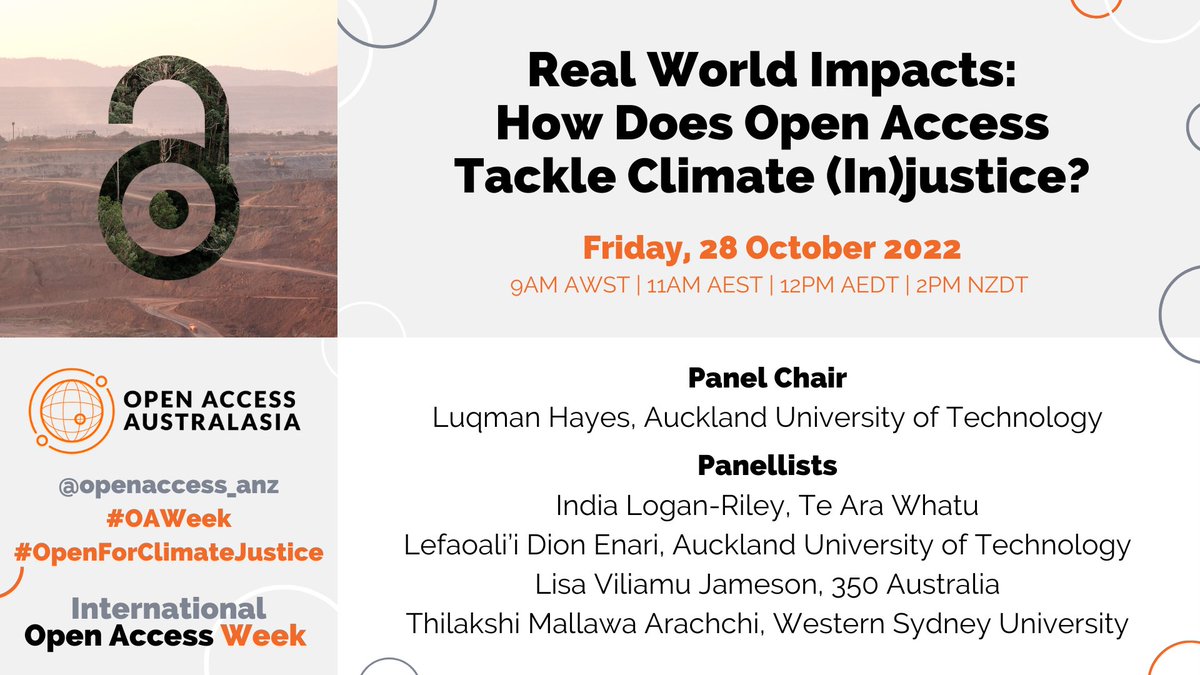 Last sessions of our @openaccess_anz sessions for #OAWeek coming up on Friday. 
First:
Real world impacts: how does open access tackle climate (in)justice?
unsw.zoom.us/meeting/regist…
#OpenForClimateJustice