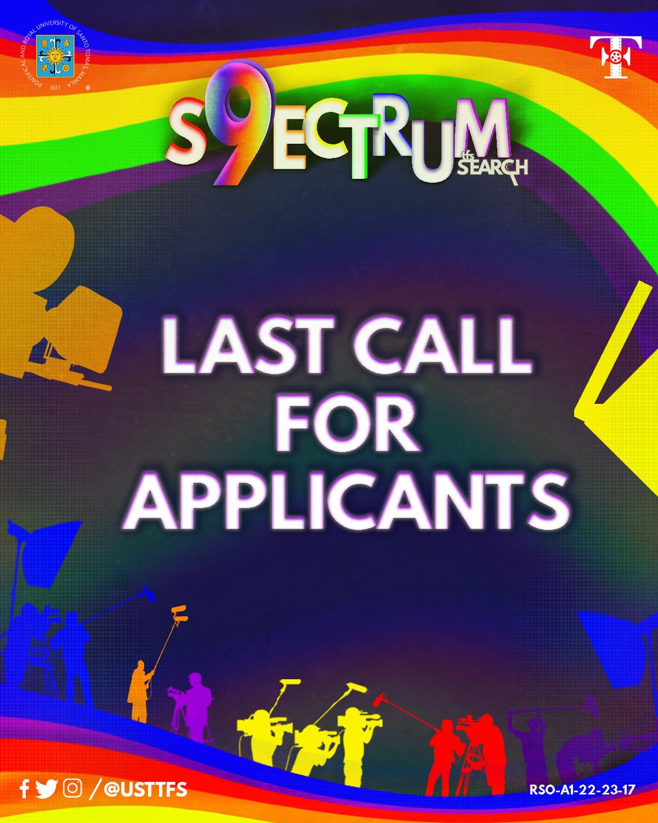 USTTFS's tweet photo. Today marks the last day for this year’s Recruitment 101. Hurry and don’t hesitate to join our growing Filmily and together let us #CaptureEveryHue with #S9ECTRUM!
Don’t miss this once in a lifetime opportunity by registering through this link: https://t.co/NHNuNVX7Fs https://t.co/qv1YQojmPE