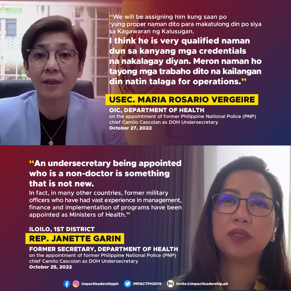 'HE IS VERY QUALIFIED NAMAN'? DOH OIC Usec. Maria Rosario Vergeire defends the appointment of former PNP chief Camilo Cascolan as DOH undersecretary. Former health secretary and Iloilo Rep. Janette Garin said his appointment is 'something that is not new'.