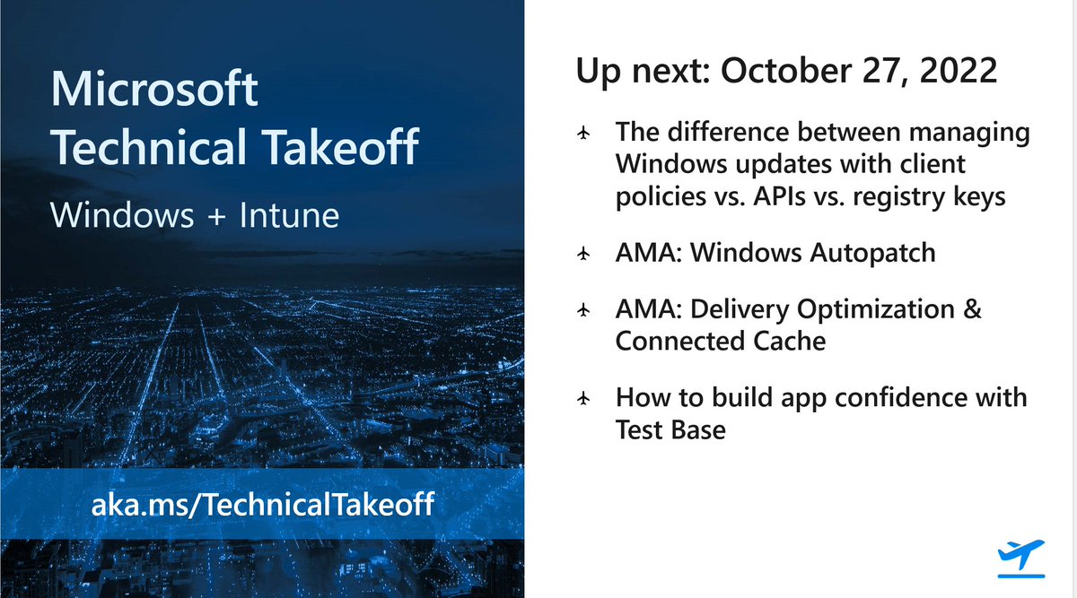 WindowsAtWork's tweet photo. Last day of deep dives at the Microsoft #TechnicalTakeoff before the final wrap-up Office Hours session on Friday. What are you most interested in? https://t.co/b6mWnXzFBw
#Windows11 #Windows #WindowsAutopatch #TestBase #AMA https://t.co/BOLTDfVITb