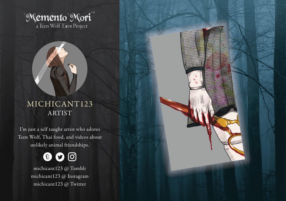 Memento Mori: A Teen Wolf Tarot Project (@tw_mementomori) on Twitter photo ✨🌙 Introducing our contributor, <a href="/michicant123/">Michicant123</a>!✨🌙
Michicant has created an art piece for our zine!
Preorders are open here!: mementomoritarot.bigcartel.com ✨🌙 Introducing our contributor, <a href="/michicant123/">Michicant123</a>!✨🌙
Michicant has created an art piece for our zine!
Preorders are open here!: mementomoritarot.bigcartel.com