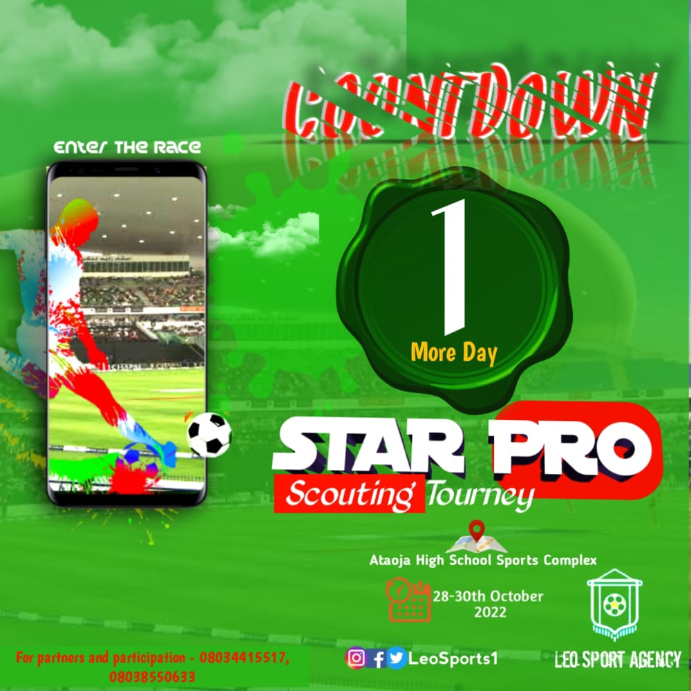 ipoola2013's tweet photo. COUNTDOWN 🤸🤸👇
🔮1️⃣ Day Left..untill🔹 #STARPRO22
Osun are you ready?
The best Scouting Program is here. @StateofOsun
Let's rumble to Glory 🥅⚽
Powered by: @LeoSports1 ⚽
#LeoSports
#football
#rumble
#scout https://t.co/HziAWqrQFf