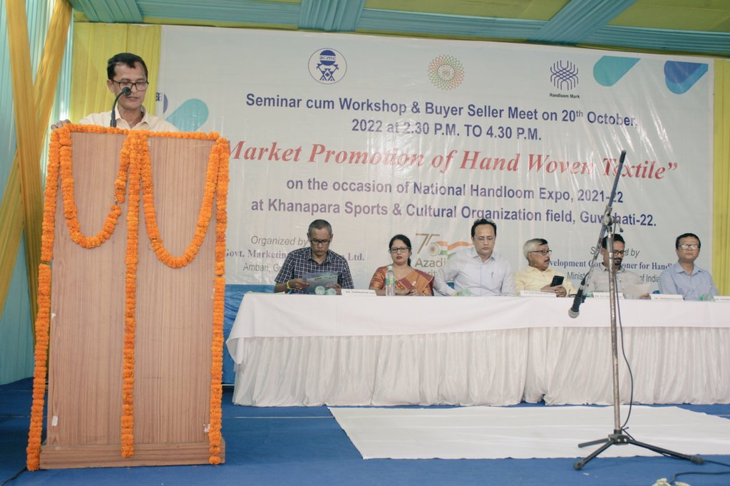 assam_ltd's tweet photo. Seminar cum Workshop and Buyer Seller Meet held on 11 October 2022 on the occasion of National Handloom Expo at Khanapara Sports Cultural Organization Field. https://t.co/2MlXzDYWka