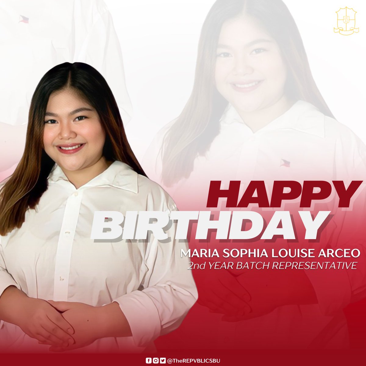 therepvblicsbu's tweet photo. We would like to wish our 2nd Year Batch Representative, Ms. Ma. Sophia Arceo, a happy birthday! We are very grateful for your commitment and passion to serve The REPVBLIC! 💛
May this year bring you success in your personal and professional endeavors. Mabuhay! 🎉
#ForTheREPVBLIC https://t.co/GNlNGoAbu6