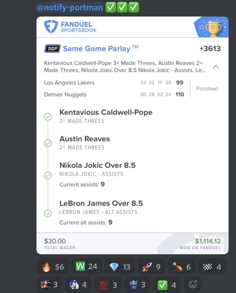 🚨 WOW! 🚨 Cash this HUGE NBA SGP from @portman7387 🏀🏀 $30 ➡️ $1,114.12 🤯🤯 Posted in the discord ➡️ Goldboys.cash