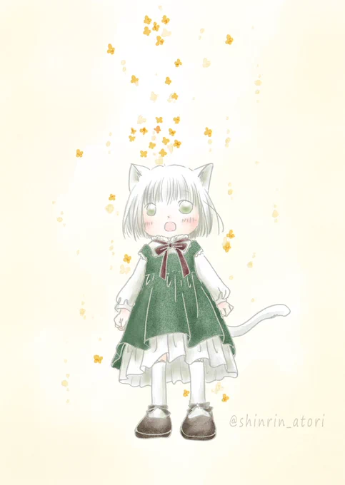 去年の金木犀絵。金木犀の落花と白猫さん。金木犀は静かな雨みたいに、ぱらぱらぽつぽつと降るんですよ。それでは午後もおしごと頑張ってきますー。 