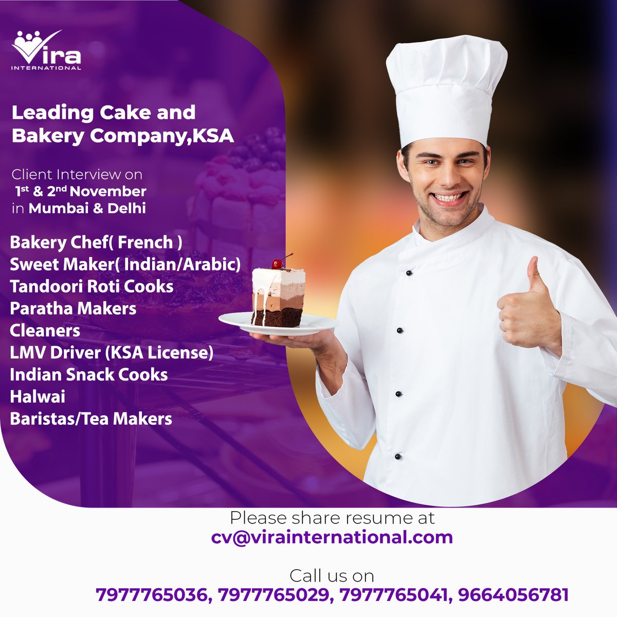 Vira_India's tweet photo. #Jobs #Recruitment #Jobsearch #Jobopportunity #Jobhunters #Jobvacancy #Openings #HospitalityJobs #Hospitality #Bakery #BakeryJobs #SweetMaker #Tandoort #Barista #Drivers https://t.co/E5oBizx6cm