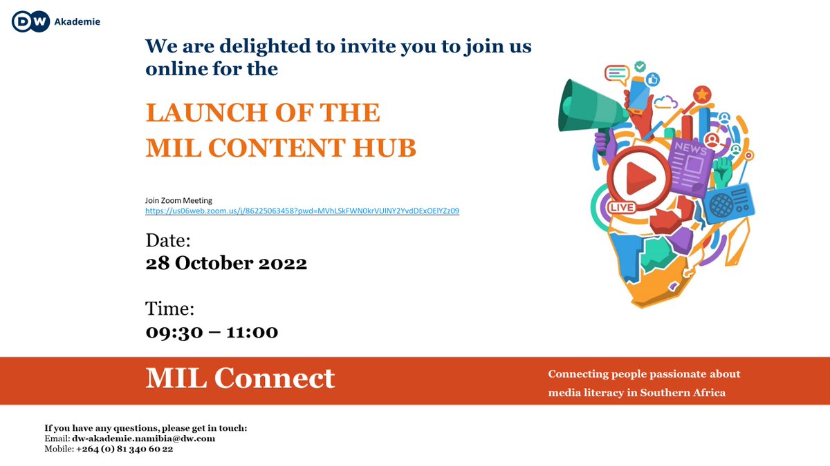 We are delighted to invite you to join us online for the LAUNCH OF THE MIL CONTENT HUB!!! Join Zoom Meeting: us06web.zoom.us/j/86225063458?… Meeting ID: 862 2506 3458 Passcode: 939371 Date: 28 October 2022 Time: 09:30 – 11:00 @dw_akademie