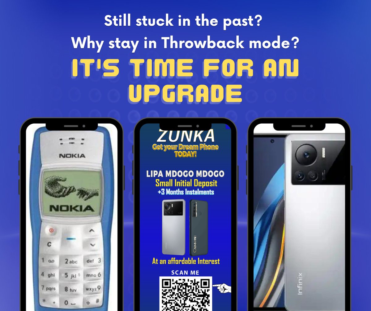 ZunkaApp's tweet photo. Yes, it's #ThrowbackThursday but your phone doesn't have to be.
Make your UPGRADE with Zunka and have a simple payment plan that can help you adapt with ease.
Interested? Visit any of our Partner Shops or call us thru 0741 186 325/ 0741 824 770
#Zunka
#SmartPhones
#tbt
#upgrade https://t.co/AX8mV75iUj