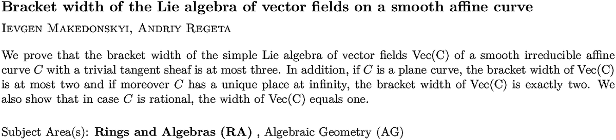 arxiv.org/abs/2210.14787…
I Makedonskyi, A Regeta
Bracket width of the Lie algebra of vector fields on a smooth affine
  curve