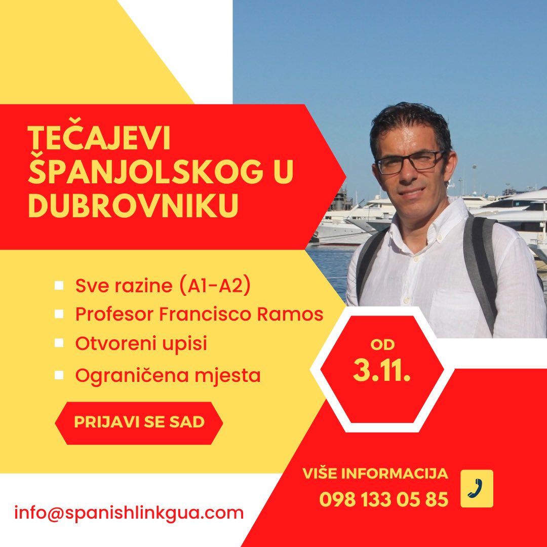 Izvrsna ponuda tečajeva španjolskog u Dubrovniku. Profesor Francisco Ramos Pastor.
Ukoliko trebate više informacija, posjetite sljedeću poveznicu: spanishlinkgua.com/hr/nastava-uzi…
Ukoliko ste zainteresirani, ispunite sljedeću registracijsku formu: forms.gle/P2HzdsDufDWQCz…