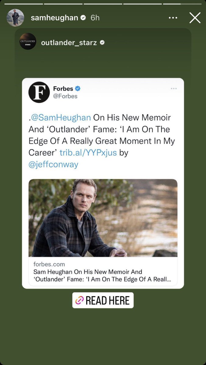 When both @SamHeughan AND @Outlander_STARZ share your new @Forbes interview article, you know that it has been a GREAT week! 🙌😭🙏 forbes.com/sites/jeffconw…
