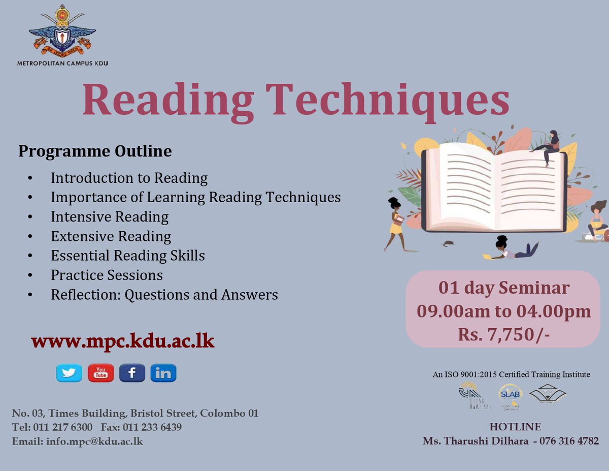 Metro_Campus's tweet image. 𝐑𝐞𝐚𝐝𝐢𝐧𝐠 𝐓𝐞𝐜𝐡𝐧𝐢𝐪𝐮𝐞𝐬
𝐑𝐞𝐠𝐢𝐬𝐭𝐞𝐫 𝐍𝐨𝐰: mpc.kdu.ac.lk/online_registr…

#readingtechniques #MPC #KDU #ApplyNow