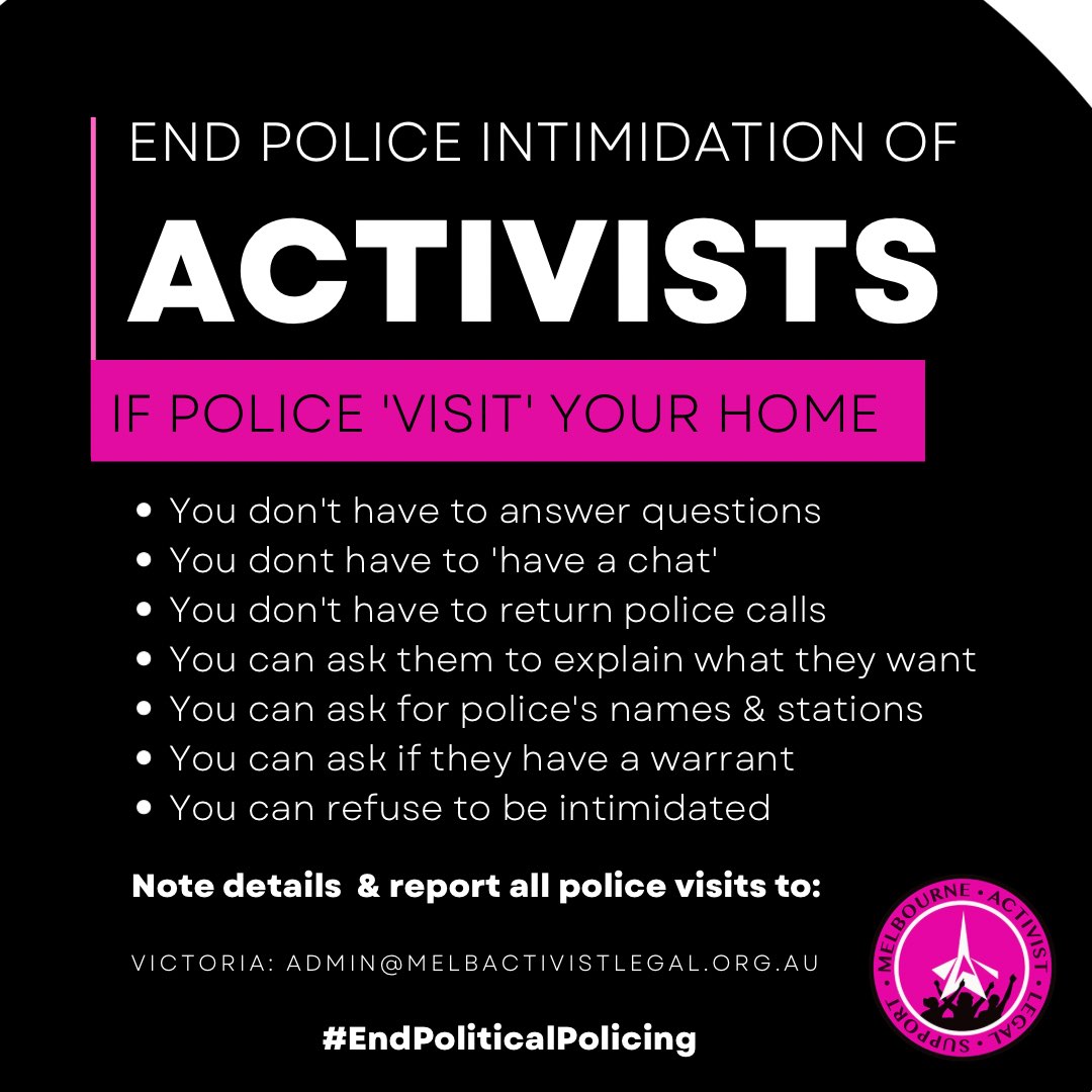 BlockadeImarc's tweet photo. 1/ Please share: VIC, NSW, ACT &amp; Qld Police are ‘visiting’ &amp; threatening people in the lead up to protests at the IMARC mining conference in Sydney on 2-4 November. These intimidating home visits are an unacceptable form of political policing that undermines civil &amp; human rights https://t.co/hJhZTC7qU8