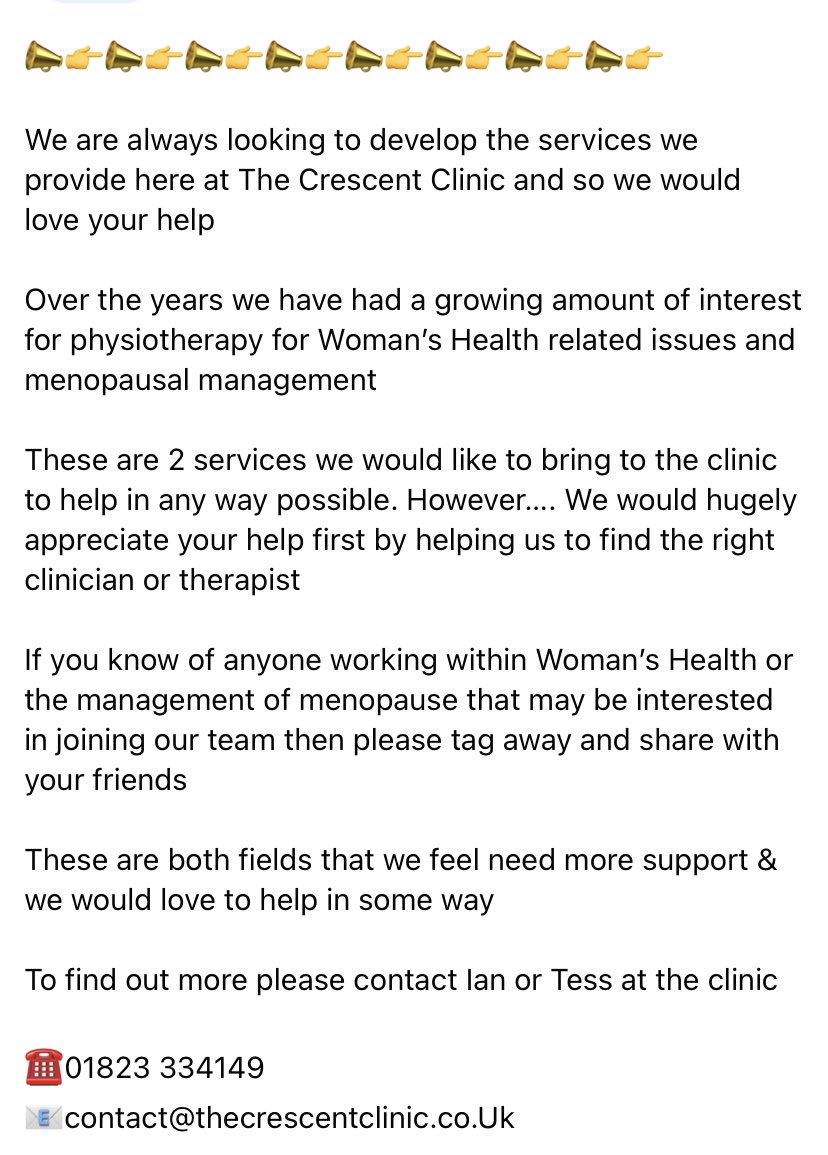 Crescent_Clinic's tweet photo. We are on the look out for a Woman’s Health Physio and menopausal management consultant. If anyone knows anyone or can help then please do get in touch. 
☎️01823 334149
📧contact@thecrescentclinic.co.Uk

#womanshealth #physiotherapy #menopausesupport #hormones #somerset https://t.co/vNPeAvFDDv