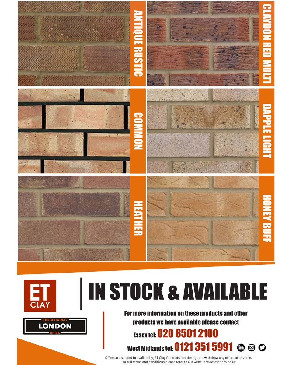 🔊 In Stock &amp; Available Selection of LBC Bricks @forterrauk 

🔴 LBC Antique Rustic 

🔴 LBC Claydon Red Multi 

🔴 LBC Common 

🟡 LBC Dapple Light 

🔴 LBC Heather 

🟡 LBC Honey Buff

📞Essex: 020 8501 2100 

📞 West Midlands: 0121 351 5991 

🌍 web: etbricks.co.uk