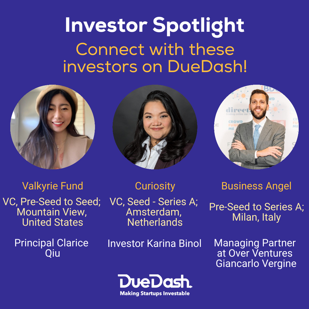 duedash_network's tweet photo. Check out these investors on DueDash:

🤝 @curiosityvc - VC - @Karina_Binol - https://t.co/h4DfHX0to2 

🤝 Valkyrie Fund - VC - @clarice_qiu - https://t.co/Yq087aDXkU  

🤝 Business Angel - @GiancaV2 -
https://t.co/L7sAudw9r7  

👉 Connect with them on DueDash. https://t.co/Uu51eaT5To