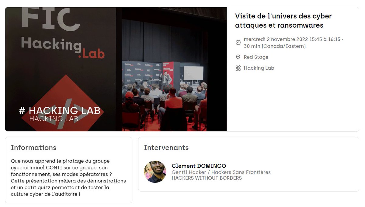 _SaxX_'s tweet photo. RDV #FIC #America à #Montréal, 2 talks pr cette 1ère édition
👉#hackinglab Visite de l'univers des cyber attaques et ransomwares
👉#masterclass L’Afrique sous le feu des cyberattaques, état des lieux et anticipation de la réponse

Cybèrement vôtre,

SaxX https://t.co/gMvEfDfMxh