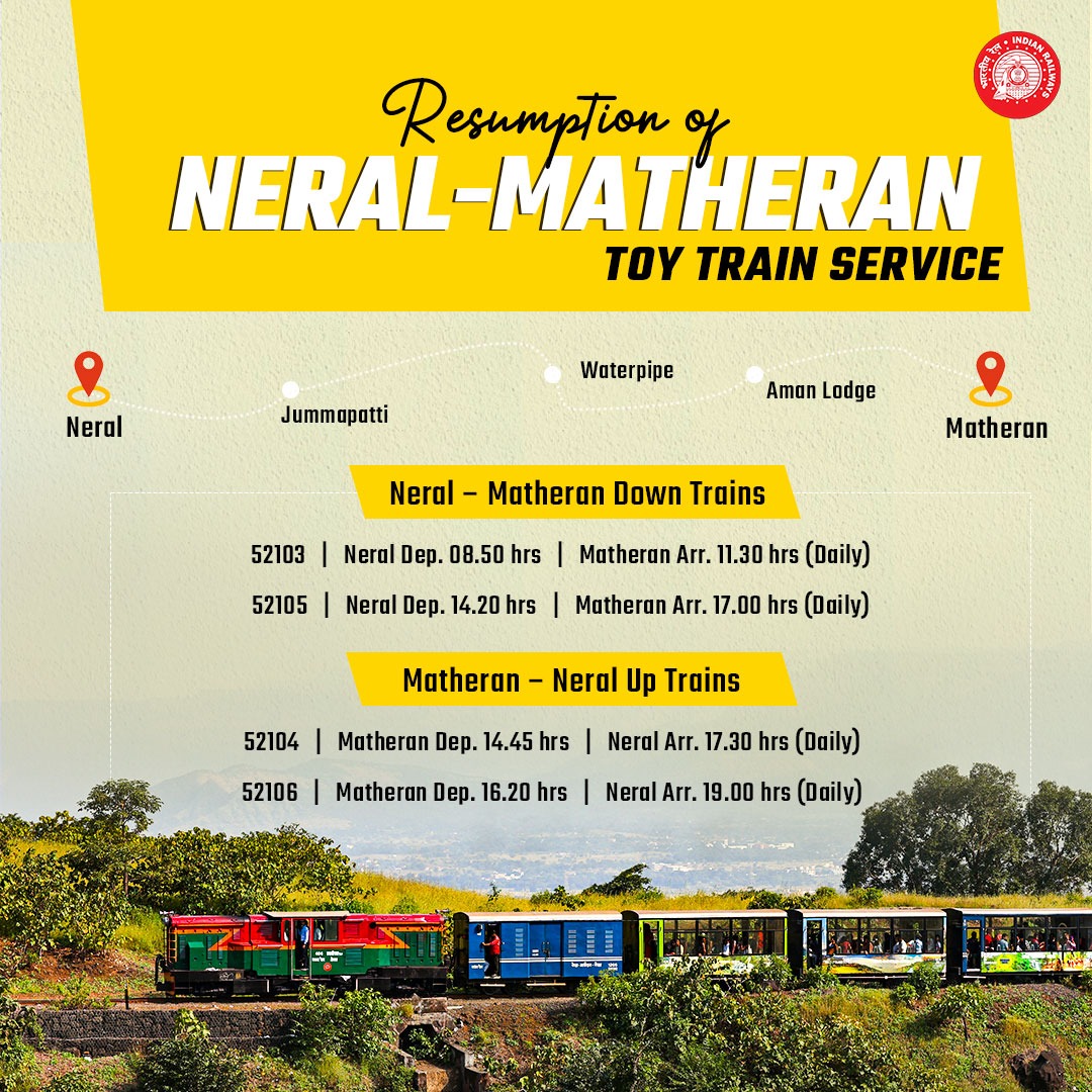 raosaheboffice's tweet photo. Neral-Matheran Toy Train is back on track!

Revised timings of Neral-Matheran Toy Train Services &amp; Aman Lodge-Matheran Shuttle Services.

@RailMinIndia https://t.co/GdMQSM46zH