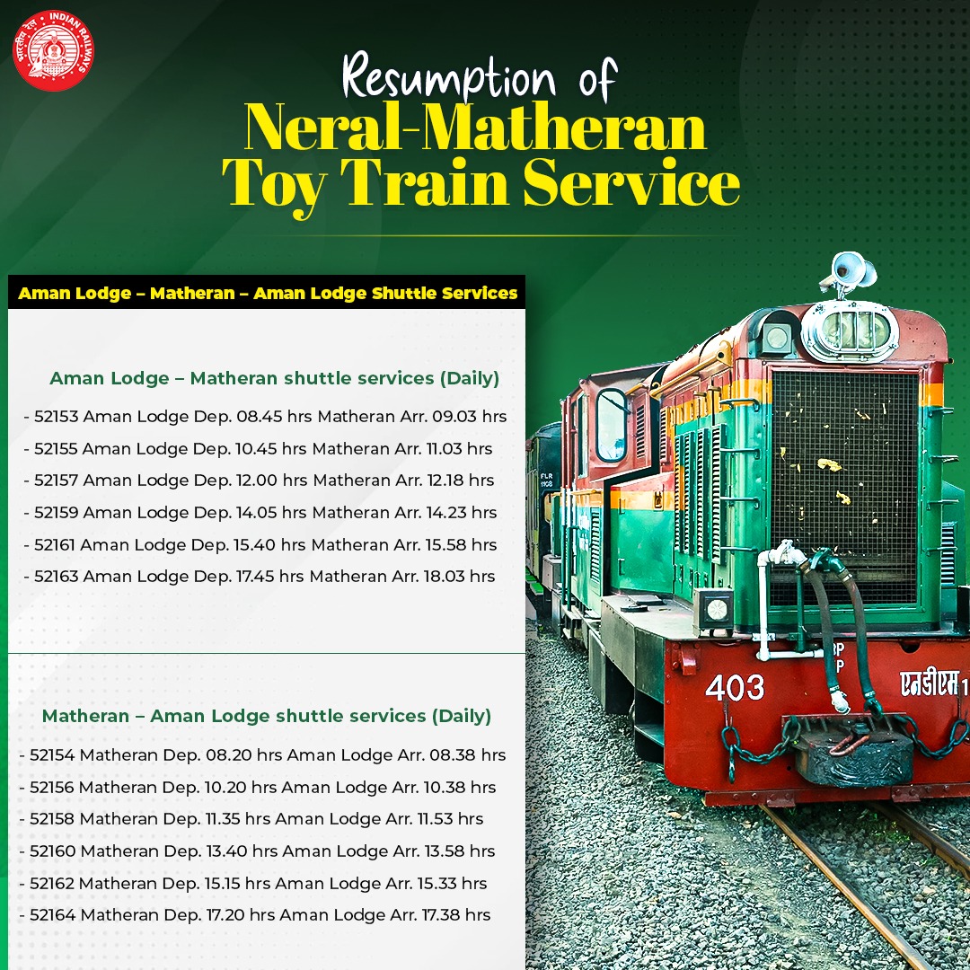 raosaheboffice's tweet photo. Neral-Matheran Toy Train is back on track!

Revised timings of Neral-Matheran Toy Train Services &amp; Aman Lodge-Matheran Shuttle Services.

@RailMinIndia https://t.co/GdMQSM46zH