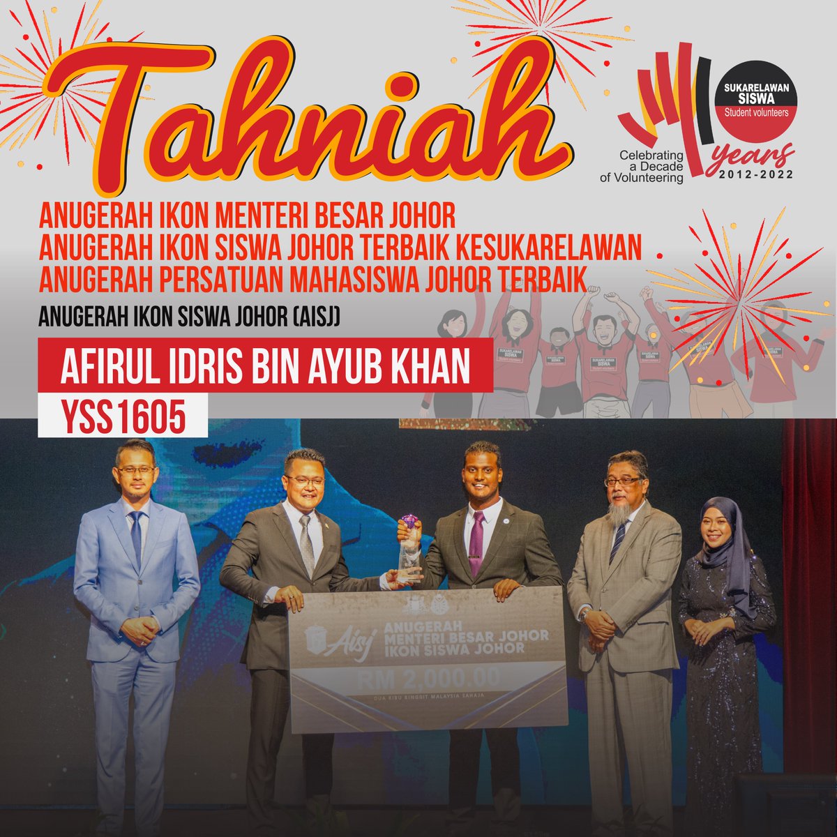 Tahniah!! #YSSAlumni_USM #YSS1605 AFIRUL IDRIS BIN AYUB KHAN diatas Anugerah berikut.

Anugerah telah disampaikan pada Anugerah Ikon Siswa Johor (AISJ). 

@USMOfficial1969 @BhepaUSM