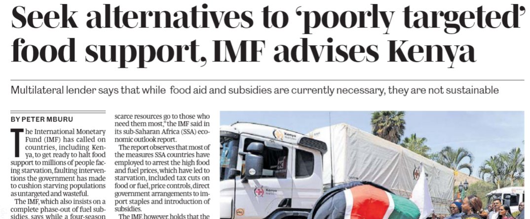 The International Monetary Fund (IMF) has called on countries, including Kenya, to get ready to halt food support to millions of people facing starvation, faulting interventions the government has made to cushion starving populations as untargeted and wasteful. via @NationAfrica