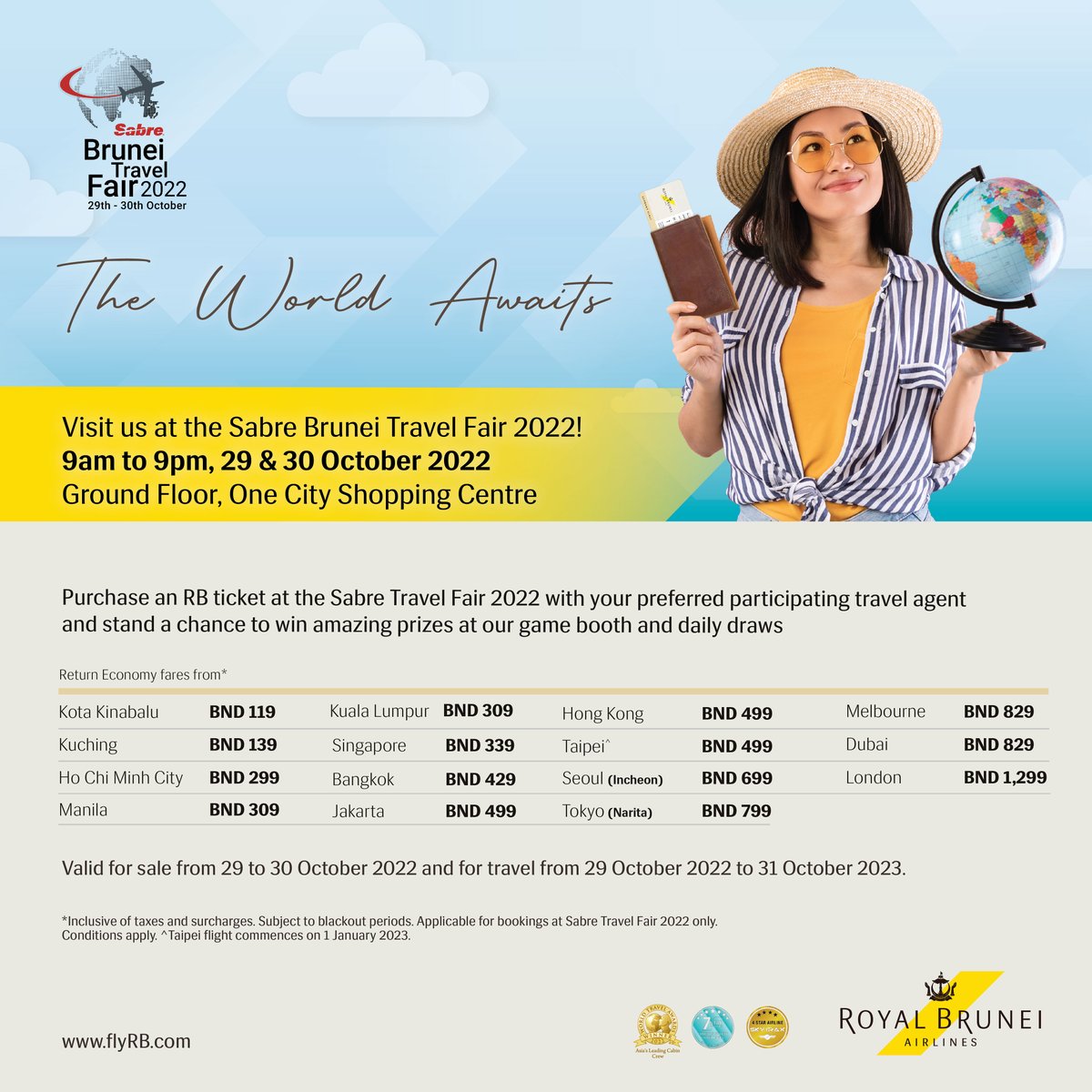 Two more sleeps until the long-awaited return of the Sabre Brunei Travel Fair 2022! Happening this weekend 29-30 October 2022 from 9am-9pm at One City Shopping Centre. We look forward to welcoming you with exciting promos, game booths and daily draws #royalbrunei #travelfair