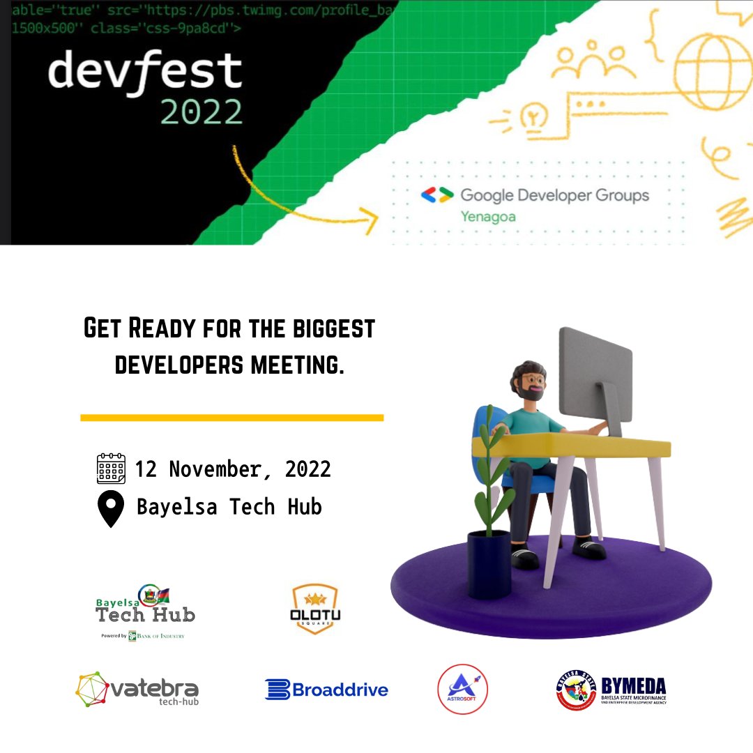 GdgYenagoa's tweet photo. This year, devfest Yenagoa will be featuring all kinds of tech related classes and discussions.

Come, learn, connect and grow.
12th November is the date. Mark your calendars.
#devfestBayelsa #devfest22 #techpanel #techdevelopment https://t.co/13OHP7W0bN