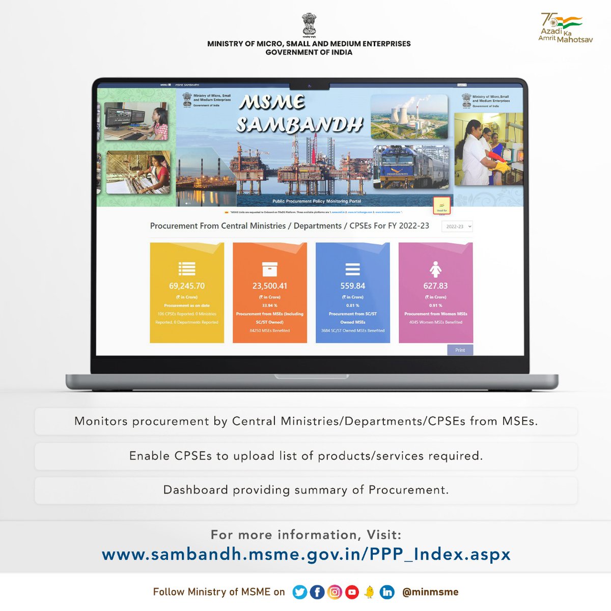 minmsme's tweet photo. MSME SAMBANDH PORTAL monitors Procurement by Central Ministries/Departments/ CPSEs from MSEs.

#MSME #KVIC #NSIC #COIRBOARD #SCSTHUB https://t.co/ZQSlY5Quxz