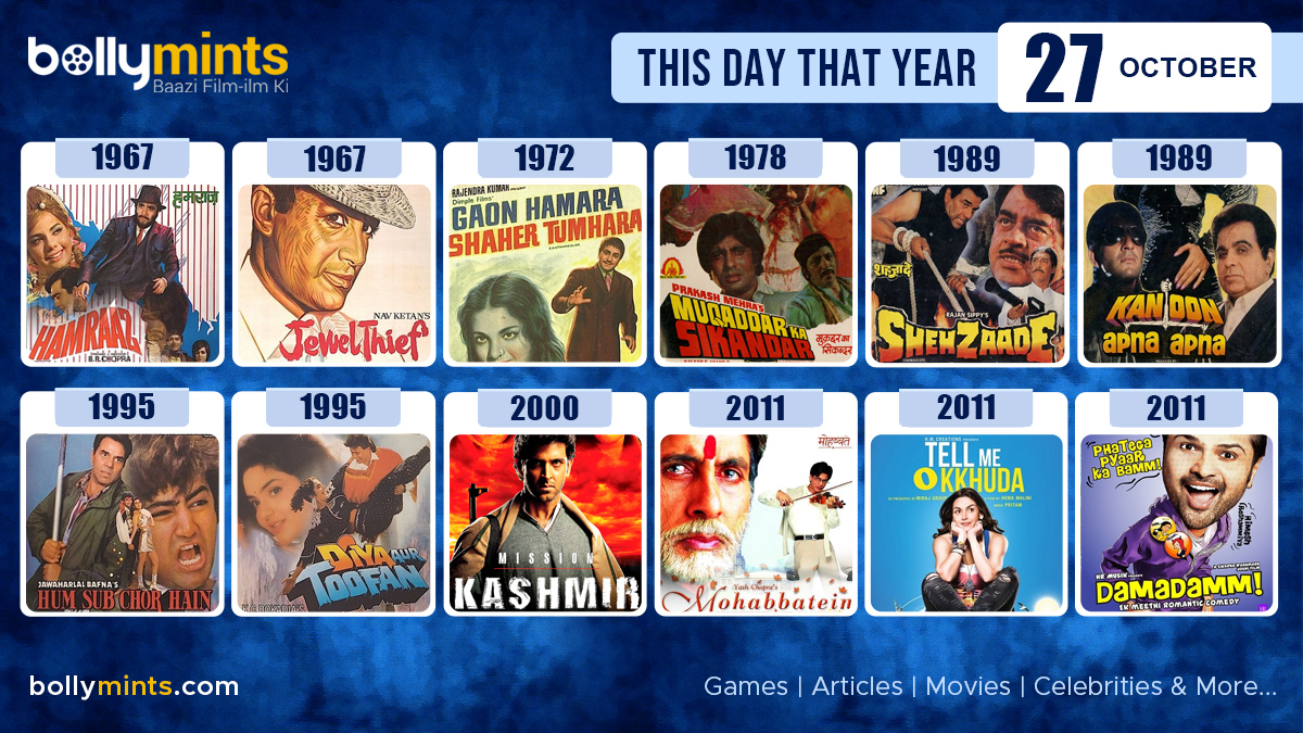 BollyMints's tweet photo. Here are the few #BollywoodMovies released on this day. Stay tuned at https://t.co/ohKmuy8yoq for more #updates
#ThisDayThatYear #27October #Hamraaz #JewelThief #MuqaddarKaSikandar #Shehzaade #KanoonApnaApna #DiyaAurToofan #MissionKashmir #Mohabbatein #TellMeOKkhuda #Damadamm https://t.co/8lQzbxsBBA