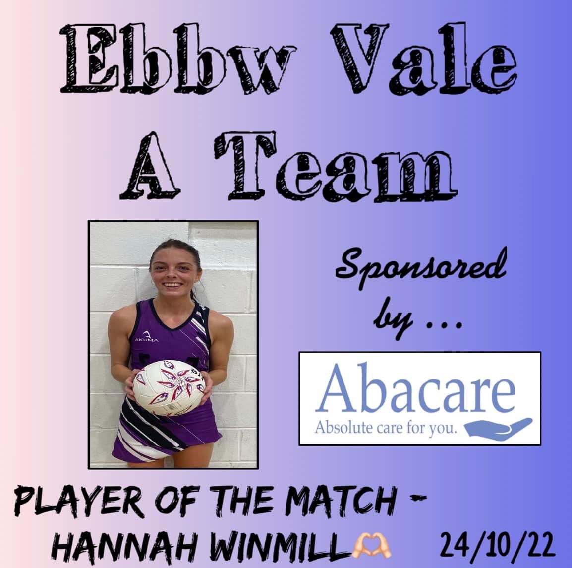 Unfortunate loss risky taking a bare team,an injury along the way - get well soon Joanna!

110% work ethic from all player, and an unlucky loss, we take it to training,go again!

POM- Hannah Winmill outstanding defending as usual!🎉💜

Proudly sponsored by Abacare Ebbw Vale🤝