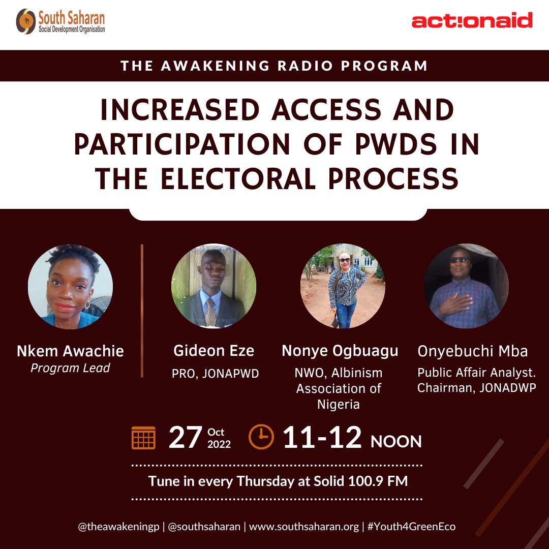 About 13 percent of the country's population live with a disability. As we approach the elections, how inclusive is the electoral process?

Join us this week as we dissect and provide answers. 

Powered by <a href="/ActionAidNG/">ActionAid Nigeria</a> &amp; <a href="/southsaharan/">South Saharan Social Development Organization</a>

#TheAwakening
#Youth4GreenEco