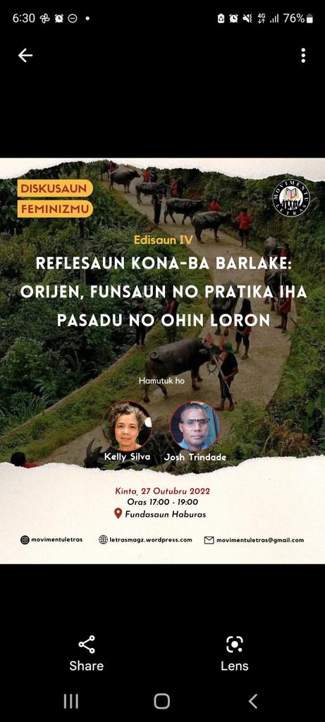 Feminist discussion today at 6pm Timor time, at  movimentu letras.  Today's discussion will be about Barlaki or bride price in TL from two different anthropologists perspectives. If you would like to assist live here is the link fb.me/e/60LiVntw3