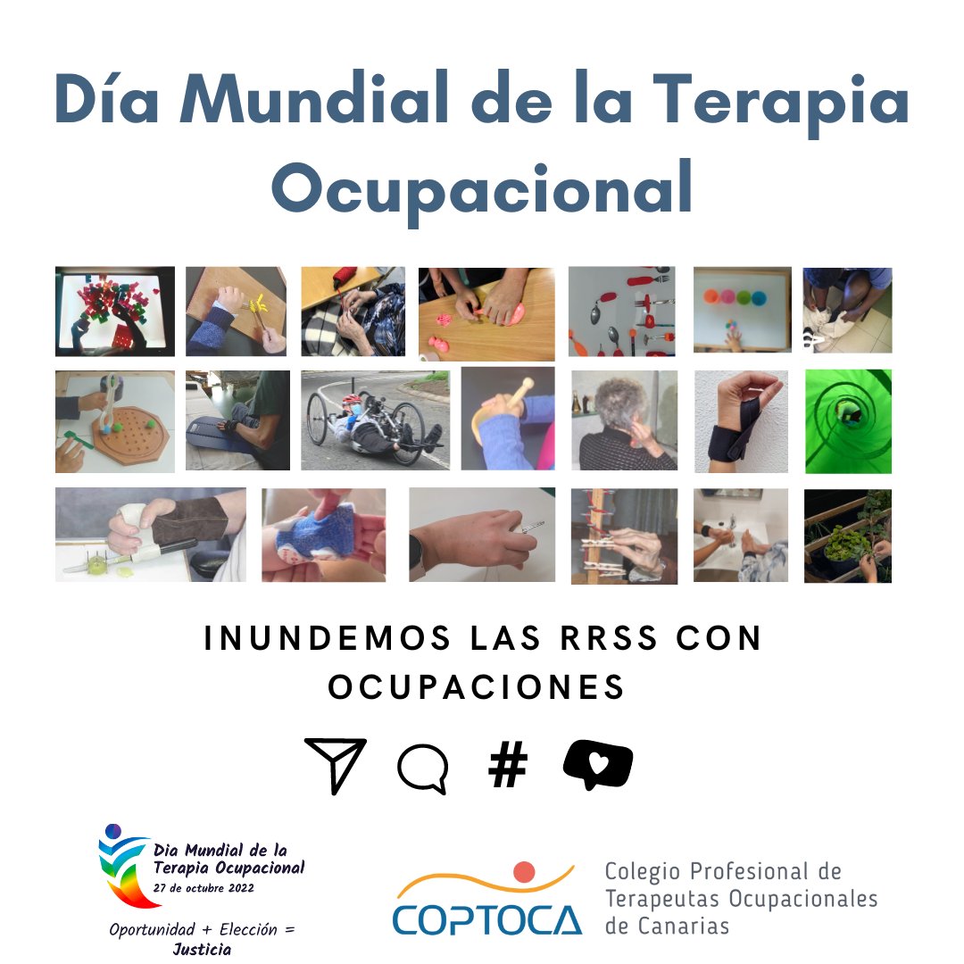 coptoca's tweet photo. El 27 de octubre es un día muy especial para los/as terapeutas ocupacionales. Es el día en el que le gritamos al mundo la esencia de nuestra profesión.

Este año el lema de la World Federation of Occupational Therapists (@thewfot ) es
Oportunidad + Elección= Justicia https://t.co/NOjpIVyoZa