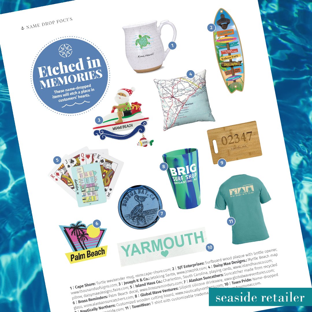 Apparel, home decor and gifts featuring a name are powerful 💪 items that appeal to locals and visitors. 🏝️ Read more in the article, 'It's All in the Name,' in the September/October issue. #seasideretailer #seasideretailermagazine #namedrop #souvenir #giftshop #shoplocal