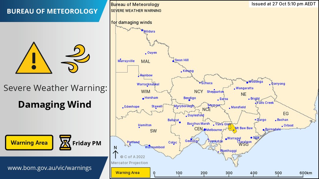 ⚠️ A SEVERE WEATHER WARNING has been issued for DAMAGING WINDS over southern Alpine areas including #MtBawBaw on Friday afternoon as a cold front sweeps across southern #Victoria. Details: ow.ly/pQgZ50Lml0g #VicWeather