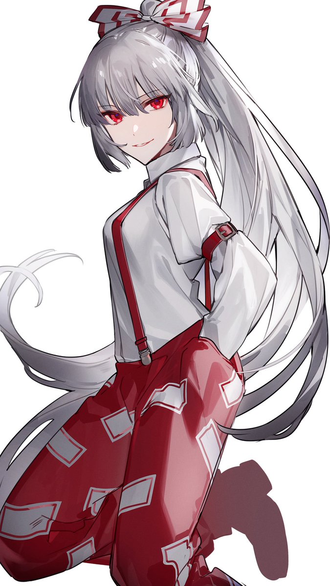 fujiwara no mokou 1girl solo long hair red eyes white background pants bow  illustration images
